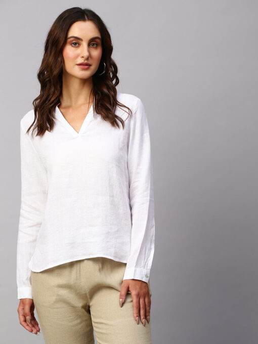 Women's White Cotton Linen Regular Fit Blouse - Image 2