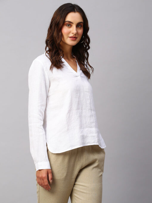 Women's White Cotton Linen Regular Fit Blouse - Image 3