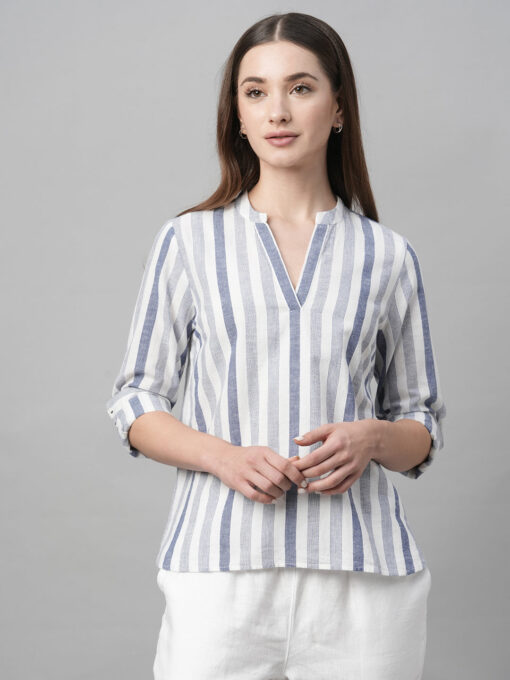 Women's Blue Cotton Linen Regular Fit Blouse - Image 2