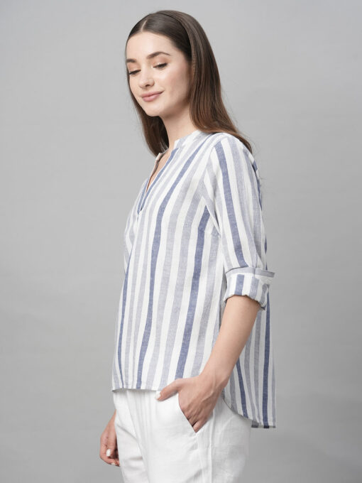 Women's Blue Cotton Linen Regular Fit Blouse - Image 3