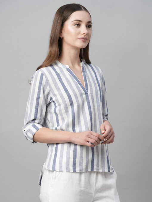 Women's Blue Cotton Linen Regular Fit Blouse - Image 4