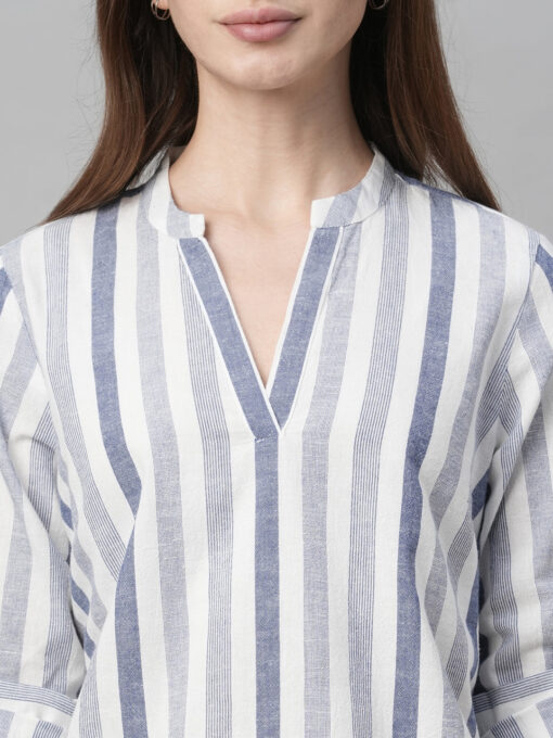 Women's Blue Cotton Linen Regular Fit Blouse - Image 6