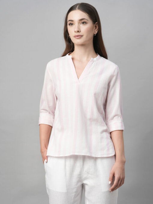 Women's Pink Cotton Linen Regular Fit Blouse - Image 2