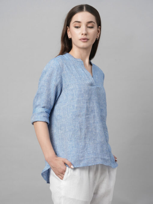 Women's Blue Linen Regular Fit Blouse - Image 3