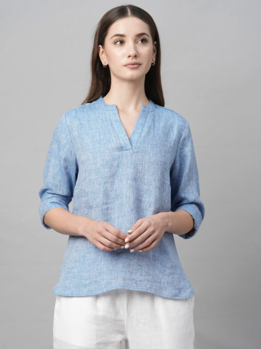 Women's Blue Linen Regular Fit Blouse - Image 2