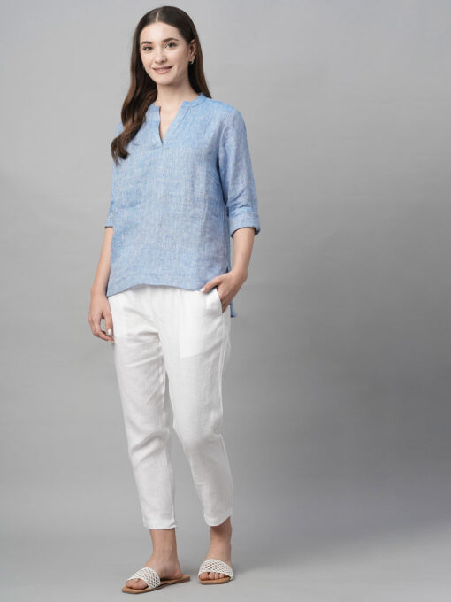 Women's Blue Linen Regular Fit Blouse