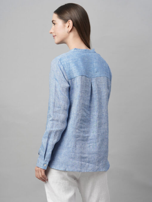 Women's Blue Linen Regular Fit Blouse - Image 5