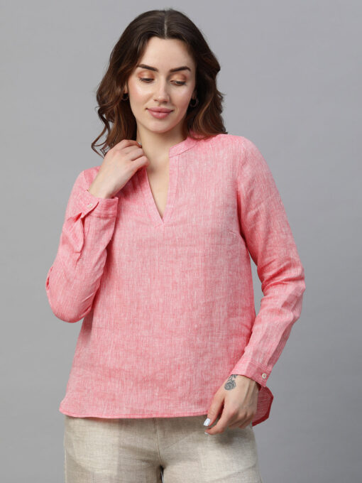 Women's Pink Linen Regular Fit Blouse - Image 2