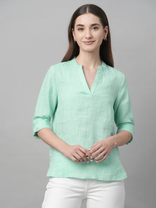 Women's Aqua Linen Regular Fit Blouse - Image 2