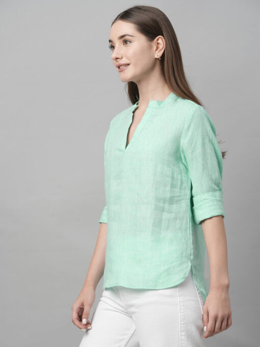 Women's Aqua Linen Regular Fit Blouse - Image 3