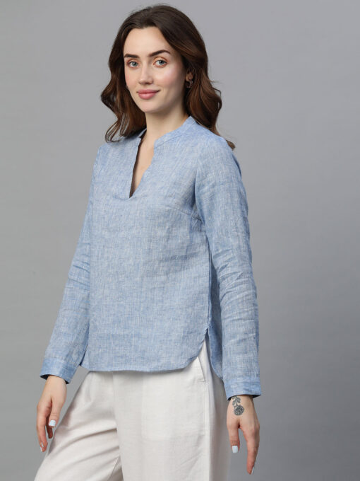 Women's Navy Linen Regular Fit Blouse - Image 3