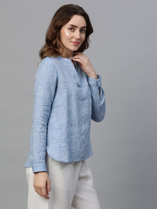 Women's Navy Linen Regular Fit Blouse - Image 4