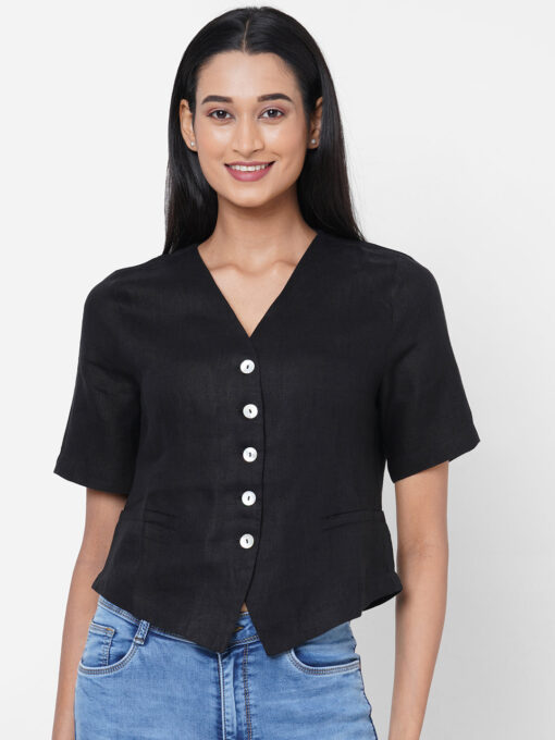 Women's Black Linen Regular Fit Blouse - Image 2