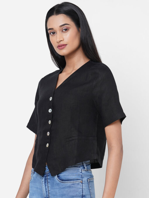 Women's Black Linen Regular Fit Blouse - Image 3