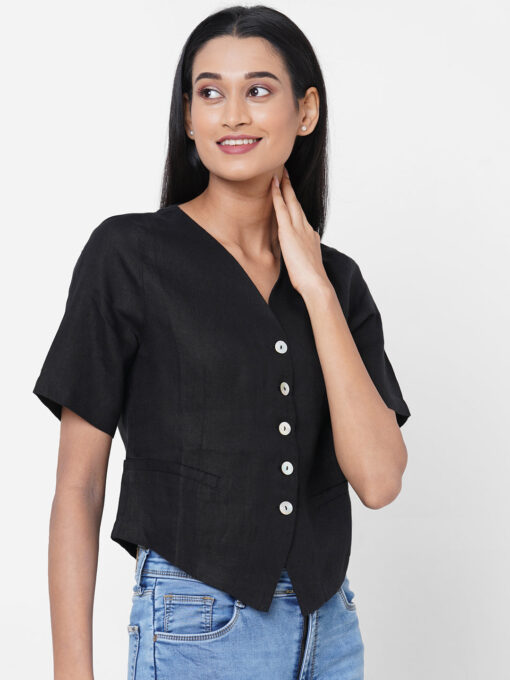 Women's Black Linen Regular Fit Blouse - Image 4