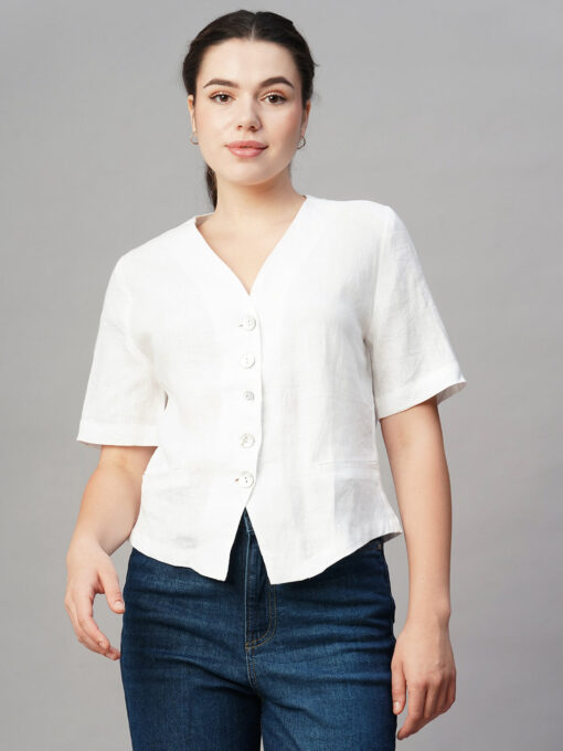 Women's White Linen Regular Fit Blouse - Image 2