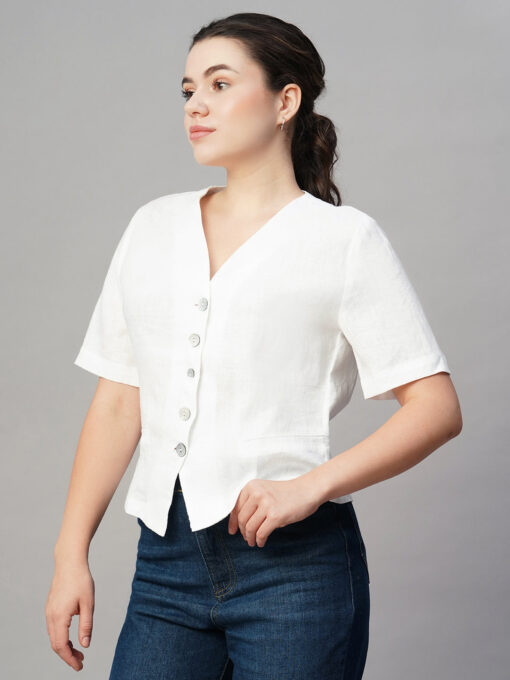 Women's White Linen Regular Fit Blouse - Image 3