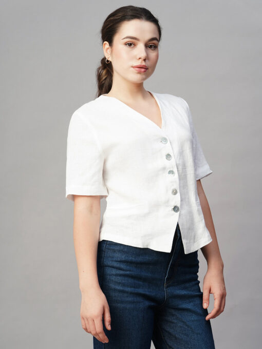 Women's White Linen Regular Fit Blouse - Image 4