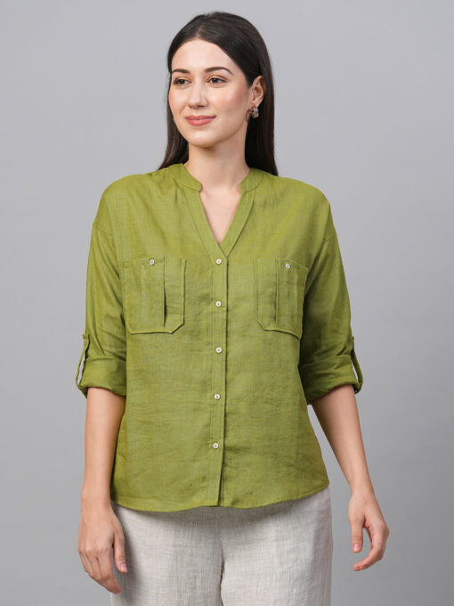 Women's Green Linen Regular Fit Blouse - Image 2