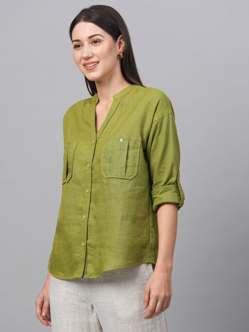 Women's Green Linen Regular Fit Blouse - Image 3