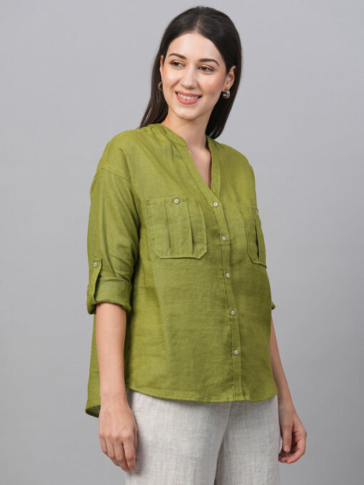 Women's Green Linen Regular Fit Blouse - Image 4