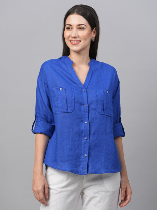 Women's Royalblue Linen Regular Fit Blouse - Image 2