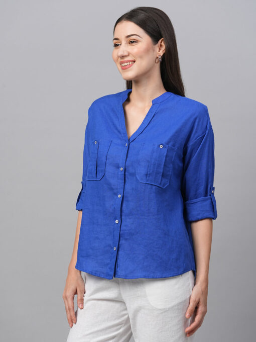 Women's Royalblue Linen Regular Fit Blouse - Image 3