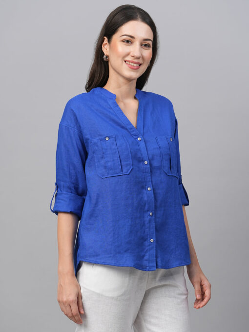 Women's Royalblue Linen Regular Fit Blouse - Image 4