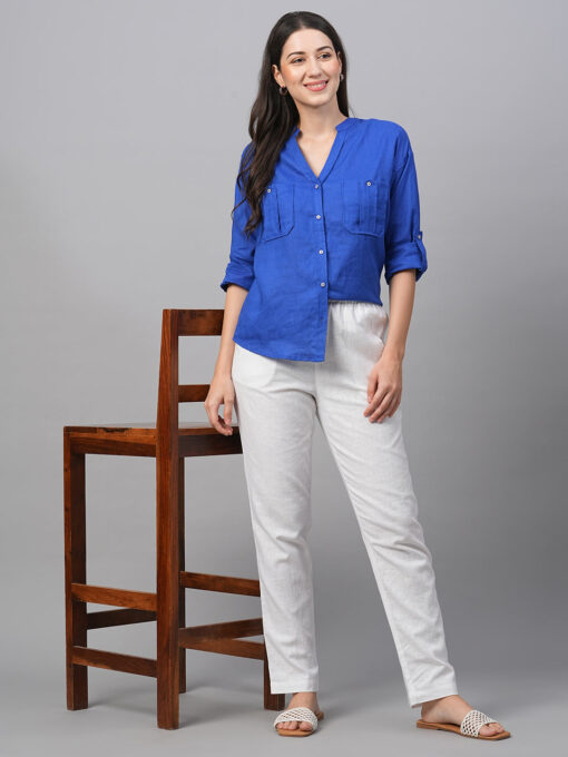 Women's Royalblue Linen Regular Fit Blouse