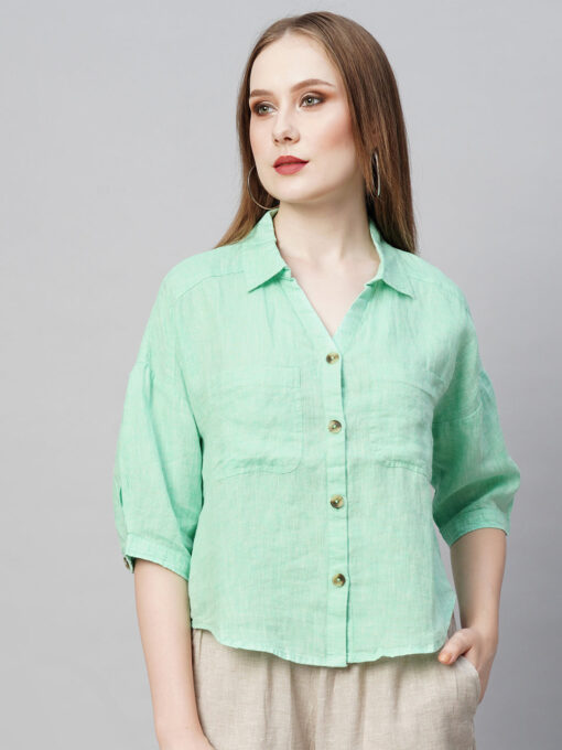 Women's Green Linen Loose Fit Blouse - Image 2