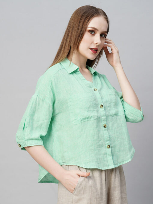 Women's Green Linen Loose Fit Blouse - Image 3