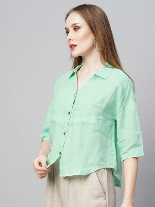 Women's Green Linen Loose Fit Blouse - Image 4