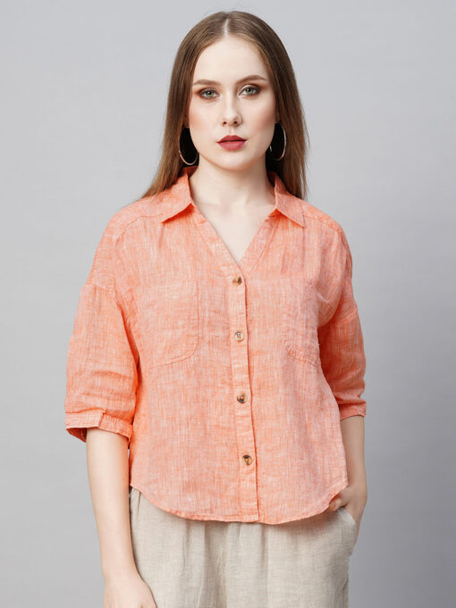 Women's Orange Linen Loose Fit Blouse - Image 2