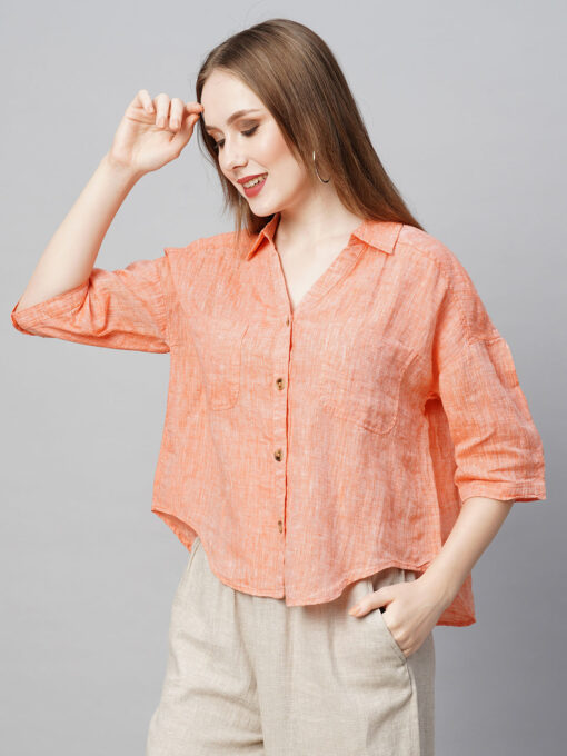 Women's Orange Linen Loose Fit Blouse - Image 4