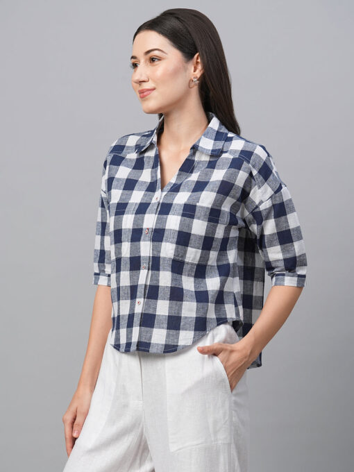 Women's Navy Cotton Linen Boxy Fit Blouse - Image 3