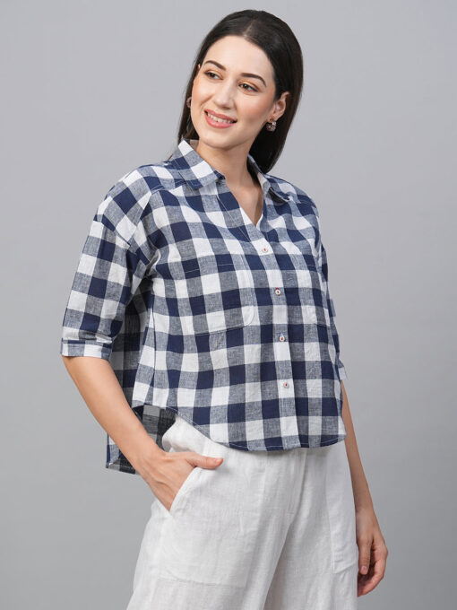 Women's Navy Cotton Linen Boxy Fit Blouse - Image 4