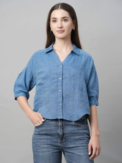 Women's Blue Linen Loose Fit Blouse - Image 2