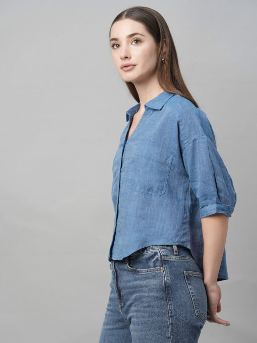 Women's Blue Linen Loose Fit Blouse - Image 3