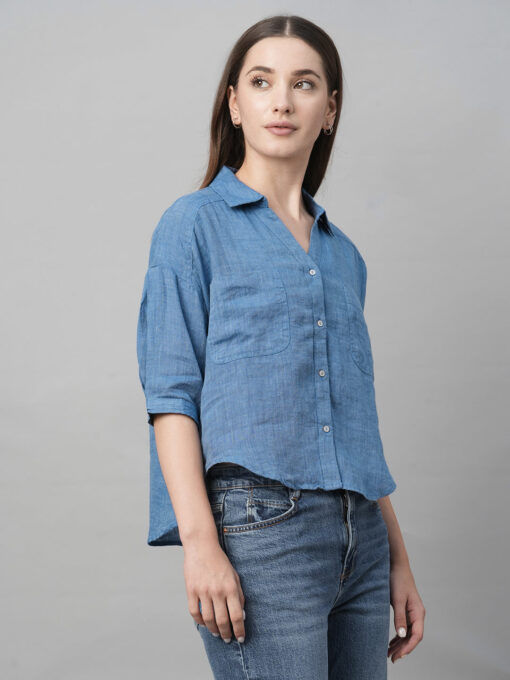 Women's Blue Linen Loose Fit Blouse - Image 4