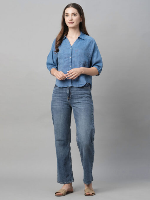 Women's Blue Linen Loose Fit Blouse