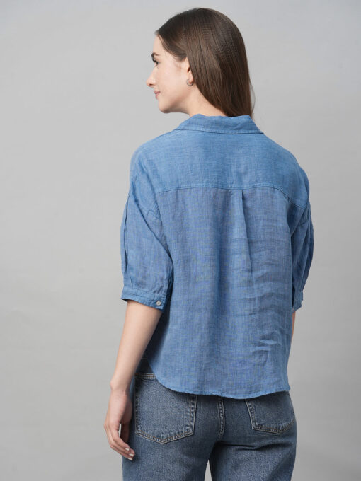 Women's Blue Linen Loose Fit Blouse - Image 5