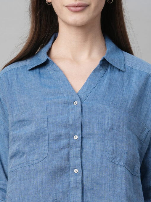 Women's Blue Linen Loose Fit Blouse - Image 6