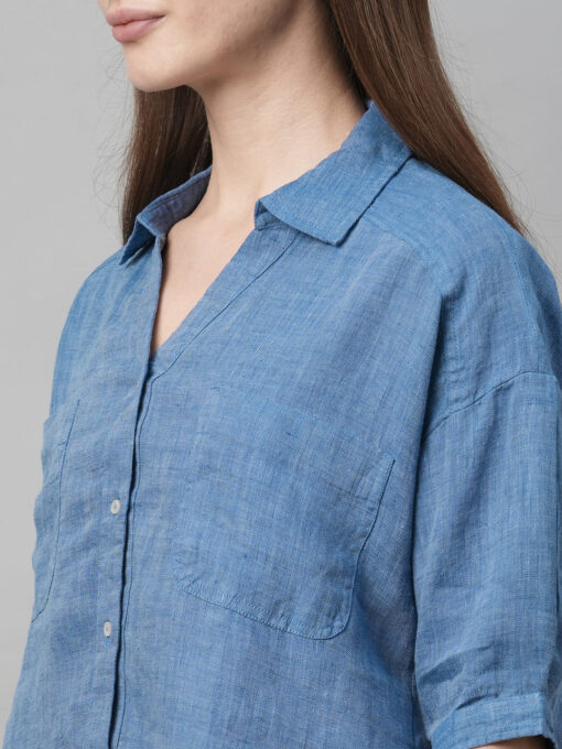 Women's Blue Linen Loose Fit Blouse - Image 7