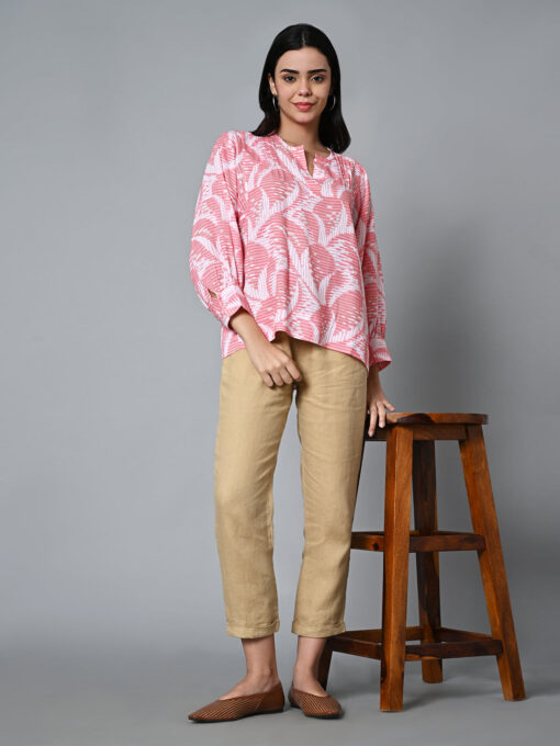 Women's Pink Lyocell Linen Boxy Fit Blouse