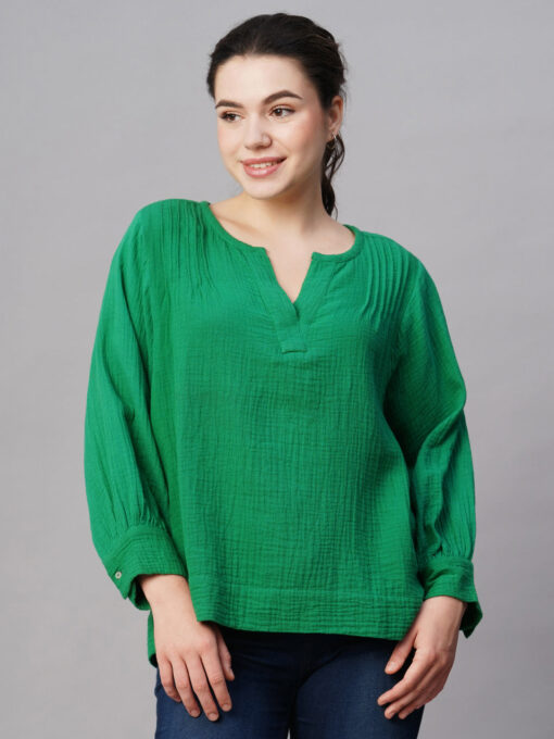 Women's Green Cotton Boxy Fit Blouse - Image 2