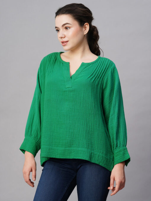 Women's Green Cotton Boxy Fit Blouse - Image 3