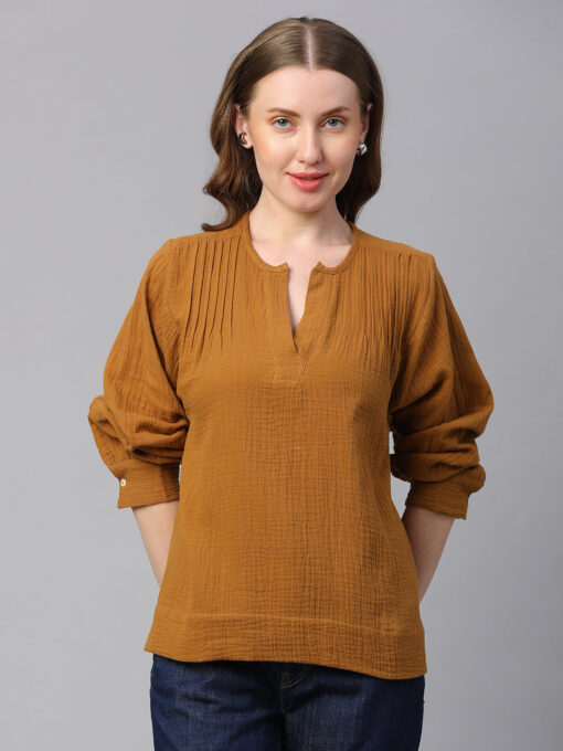 Women's Mustard Cotton Boxy Fit Blouse - Image 2