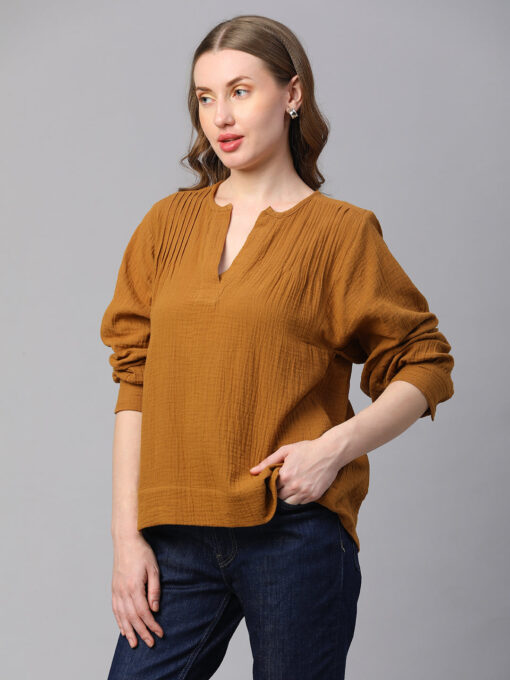 Women's Mustard Cotton Boxy Fit Blouse - Image 3