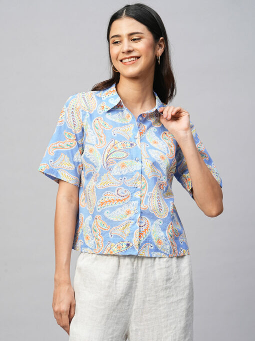 Women's Blue Cotton Regular Fit Blouse