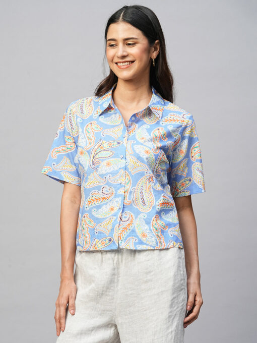 Women's Blue Cotton Regular Fit Blouse - Image 2